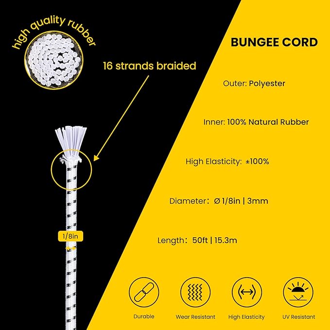 Bungee Cord Elastic Shock Cord 1/8" x 50' Bungee Rope for DIY, Tie Downs, Kayak and Outdoor - White&Black