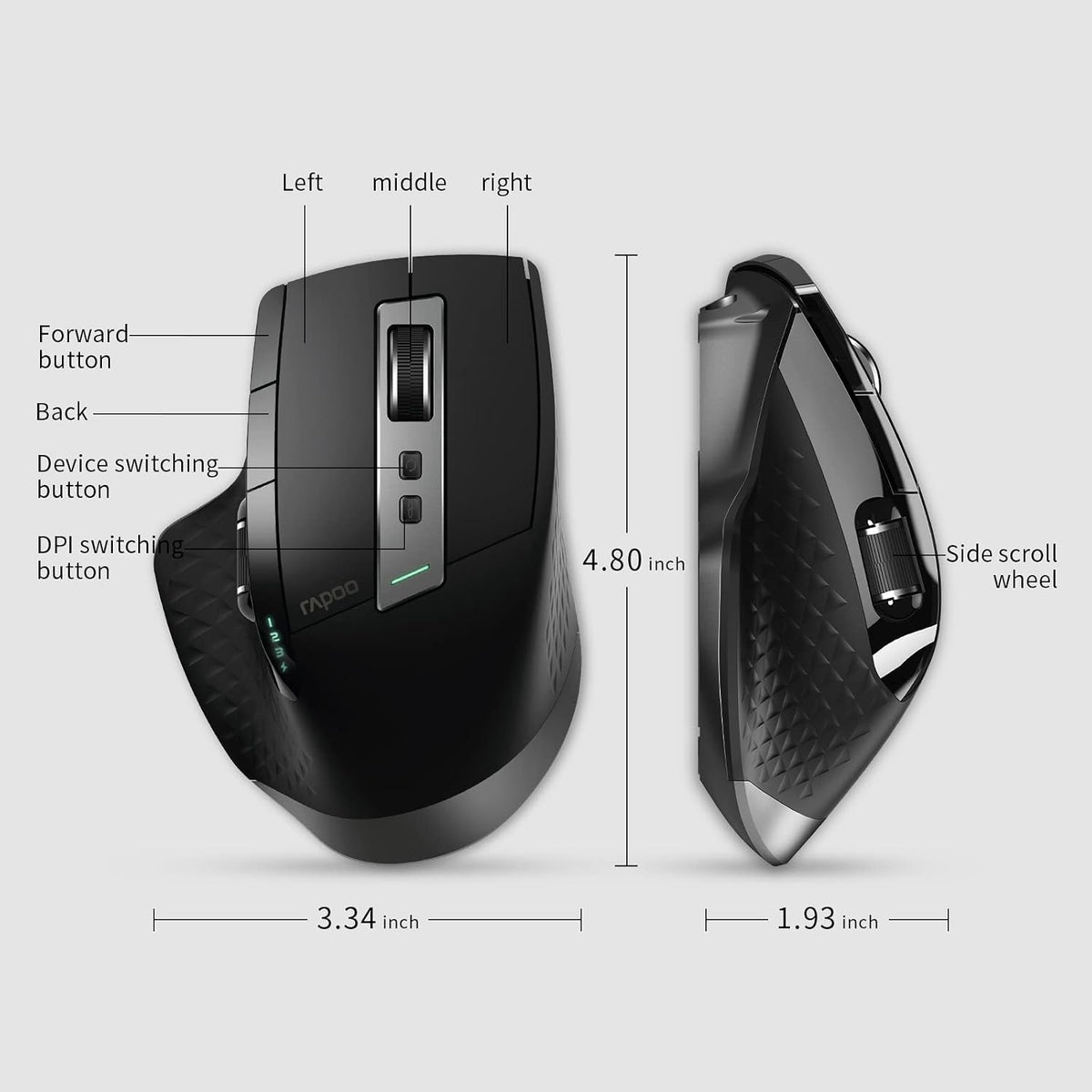 Rapoo Bluetooth Wireless Mouse, 4 Adjustable DPI Rechargeable, Multi-Device (3 Bluetooth+USB) Programmable Ergonomic Mouse with Side Roller, Laser Mouse for Laptop Desktop PC