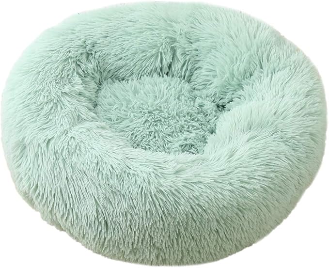 Calming Faux Fur Dog Beds Calming Donut Cuddler Dog Bed Washable Round Cat Bed Pillow Cuddler Fluffy Indoor Dog Calming Beds with Anti Slip Bottom Solid Color Green Blue 47 Inch