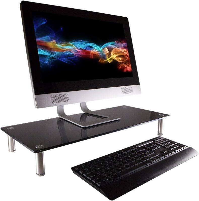 Monoprice Medium Multimedia Desktop Stand, Black Glass (27.6" x 12.2" x 3") - Stand & Riser, Laptop Stand, Desktop TV Stand, Dual Monitors w/ Height Adjustable Legs - Workstream Collection (116360), 25.6" x 11.0"