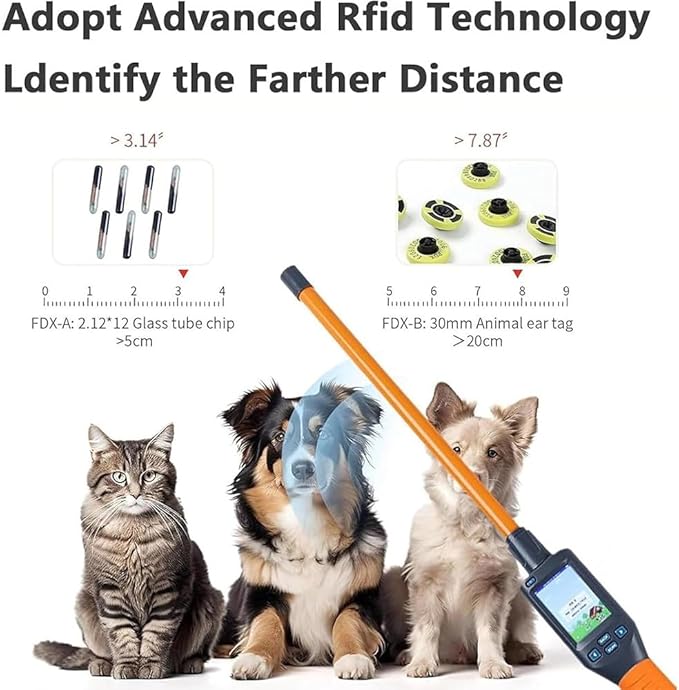 Pet Microchip Scanner Reader, Handheld Universal RFID Tag Identifier Animal Ear Tag Stick Scanner with Bright 480x320 LCD Display, Store Up to 20000 Datas,for FDX-B, FDX-A, HDX ISO11784/85