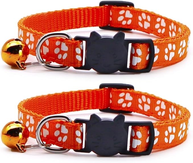 Reflective Cat Collars Breakaway with Bell 2-Pack Girl Boy Pet Kitten Collar with Star Moon Patetrn Adjustable 7.5-12.5 Inch (Orange)