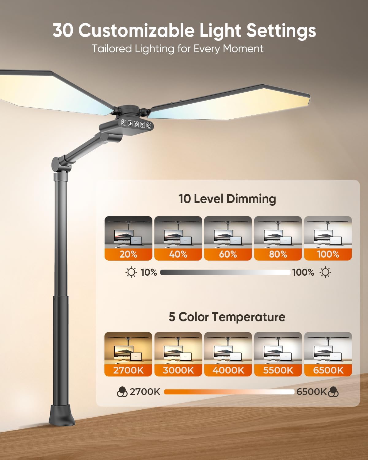 36W LED Desk Lamp with Clamp, Dual-Head Architect Lamp with Remote, Black