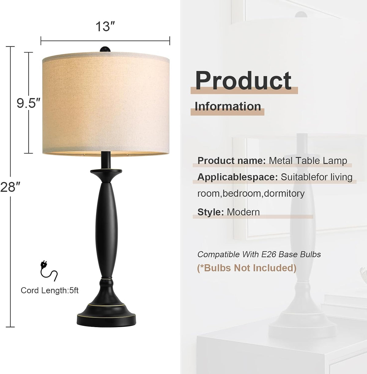 Oneach 28" Modern Table Lamps Set of 2 for Living Room Bedroom, USB Ports