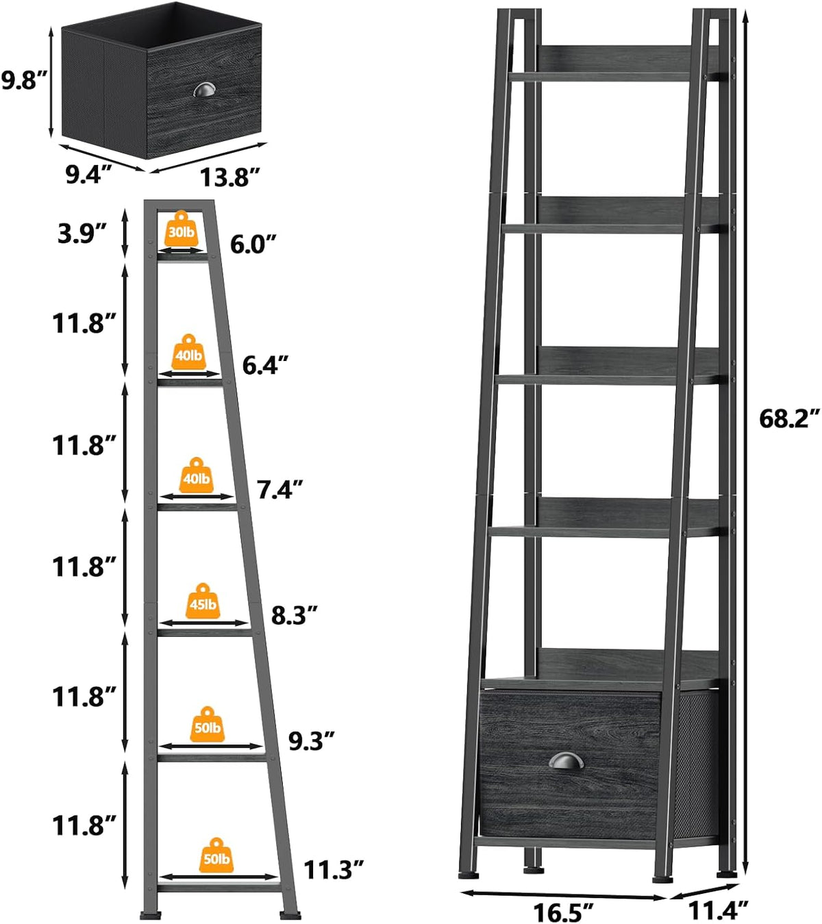 Furologee Bookshelf Set of 2, 6 Tier Ladder Shelf with Drawer