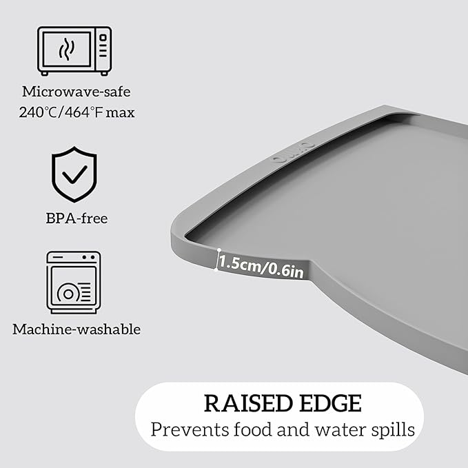 OHMO Dog Food Mat(Ash Light Grey, 24 * 15'') w/Residue Collection Pocket Silicone Pet Feeding Mat for Floor High Edges Anti Spills Waterproof Cat Water Bowl Tray, Easy Clean Placemat