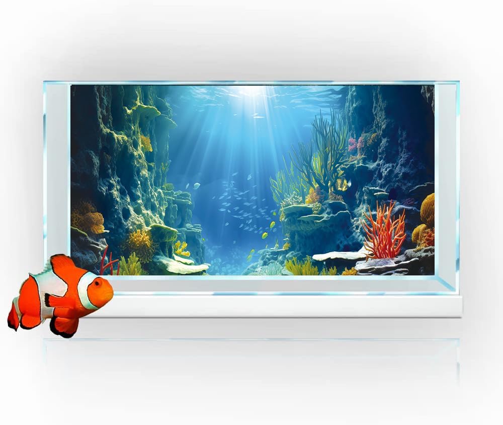 72X18IN Blue Sea Floor Aquarium Background, Natural Underwater World 3D Effect Fish Tank Decorations Background, Art Terrarium Background with 8 EVA Double-Sided Tape