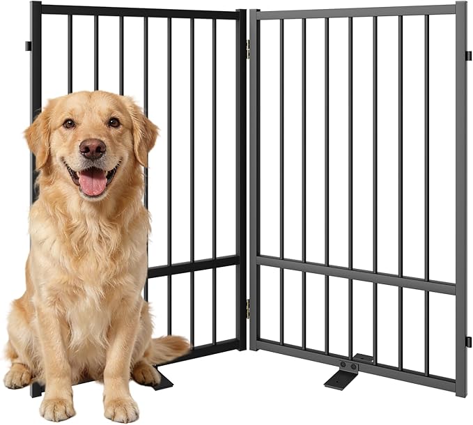 Full Metal Freestanding Dog Gate with Door, 32''Height Foldable Pet Dog Fence for Indoor & Outdoor, 2 Panels Extra Wide Free Standing TallDog Gates for Doorways,House,Stairs,Porch,Deck,Yard