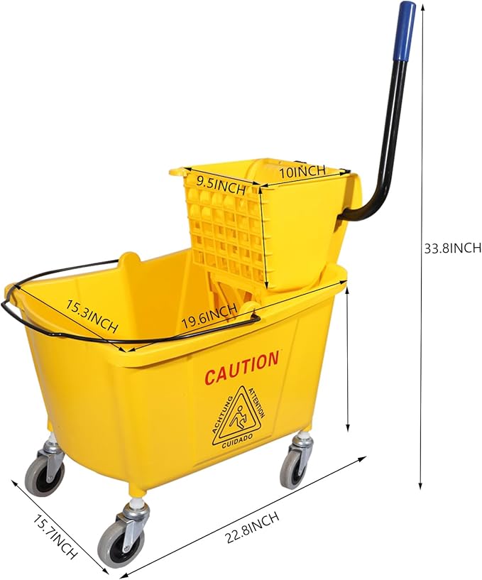 Commercial Mop Bucket with Side Press Wringer on Wheels, Including One Commercial Mop, 35 Quart, Yellow