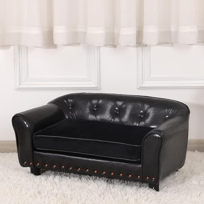 Dog Couch,Puppy Bed,Cat Sofa,Cat Couch,Pet Sofa,Dog Chair,Small Pet Bed with Copper Nail and Wooden Frame, Leather Fabric and Cushion,for Small Animals Using (Black)