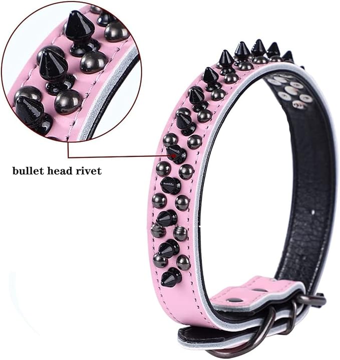 Spiked Studded Dog Collar, Genuine Leather Dog Collar, Adjustable Pet Collars for Medium Large Bulldog Pitbull Mastiff Poodle Boxer (L:37-47cm, Red)