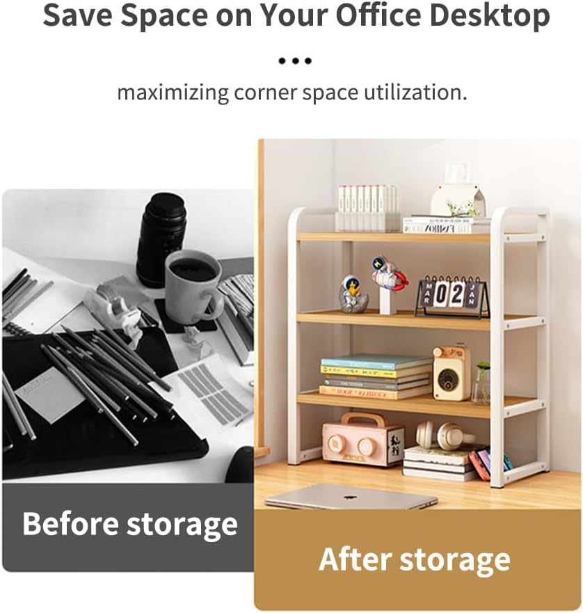 Office Desk Shelf Organizer, Wood Desktop Bookshelf Supplies Storage Rack, Shelf for Top of Desk and Dresser and Cubicle Decor Aesthetic Bookshelf (White White-three Tier, 11.81 Lx7.87 Wx22.05 H)