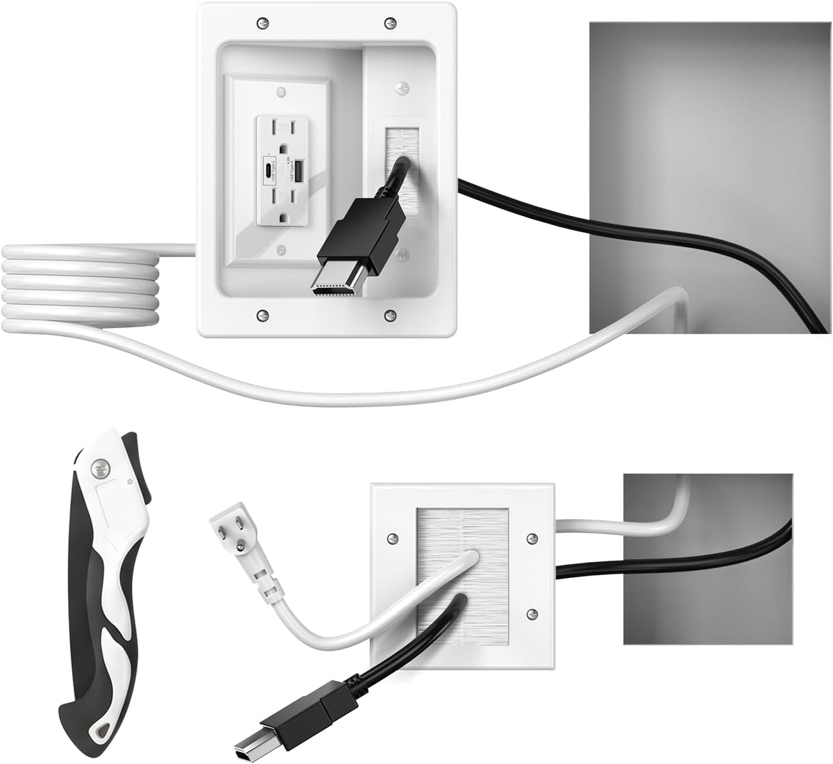in Wall Cable Management Kit with Power and USB A+C for TV, Monitor