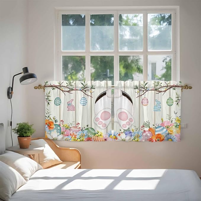 Easter Kitchen Tier Curtains 36 Inch Long 2 Panel Set, Rod Pocket Half Window
