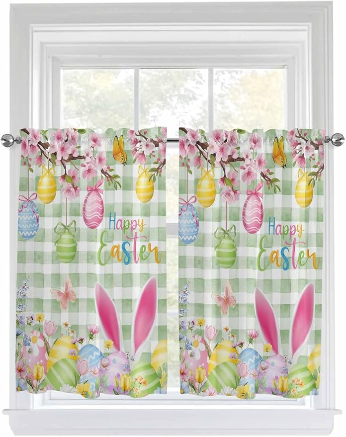 Happy Easter Kitchen Curtains 54 Inches Length, Spring Bunny Eggs Flower Sage