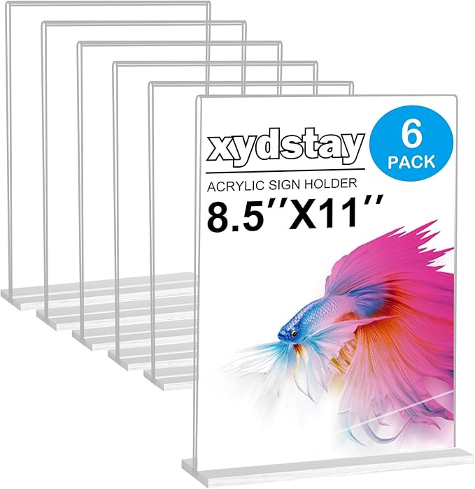 6pack Acrylic Sign Holder 8.5 X 11, Vertical T Shape Clear Plastic Menu Holder, Unbreakable Table Sign for Restaurant, Office, School, Store and Home Use