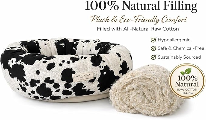 Organic Cotton Canvas Dog Bed: Removable Cover, Natural Fill - Made in USA (Cow Print Black White, X Small 18" x 6" inches)