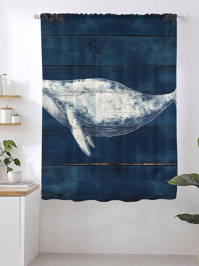 Sheer Curtains 72 Inches Long, Summer Whale Semi Sheer Curtains Light Filtering