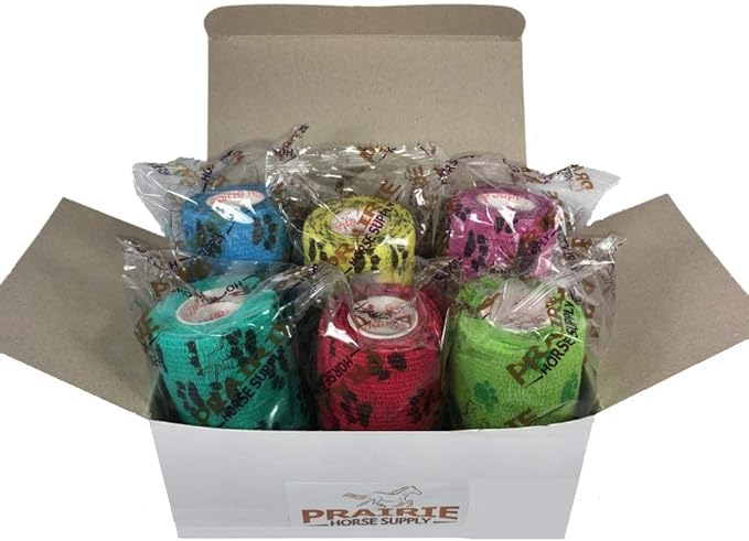 Prairie Horse Supply 3 Inch Vet Wrap Tape Bulk (Paw Prints Variety) (Pack of 12) Self Adhesive Adherent Adhering Flex Bandage Grip Roll for Dog Cat Pet