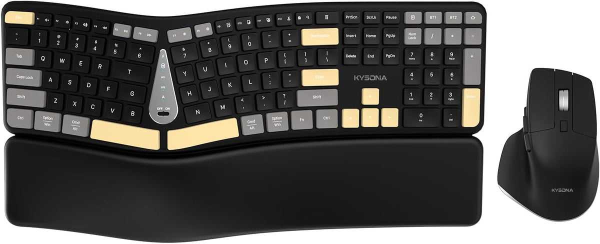 KYSONA Ergonomic Keyboard Mouse Wireless Combo, Full Size Bluetooth Split Keyboard with Wrist Rest, 4 Level DPI Ergo Mouse for Windows Mac OS Computer, Colorful Black