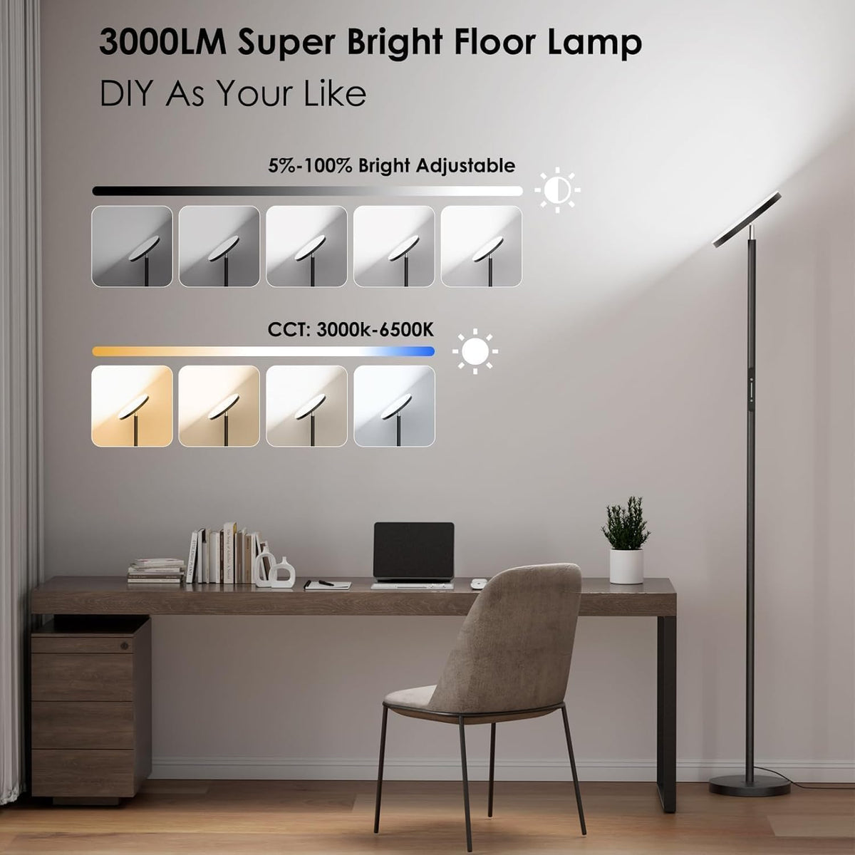36W LED Floor Lamp, Modern Stepless Dimmable Torchiere Standing Lamps
