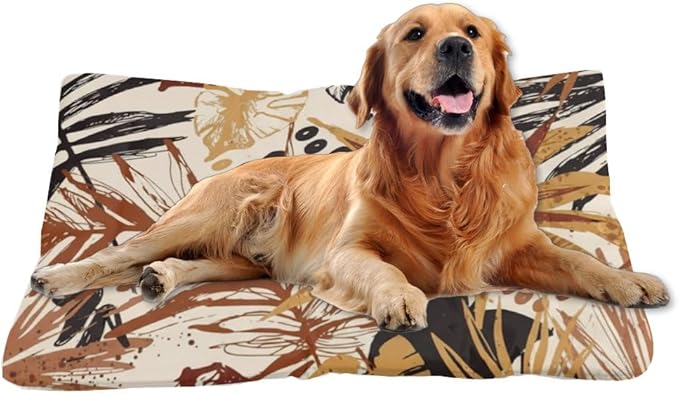 Modern Brown Tropical Leaves Dog Camping Bed Dog Travel Mat Pad Crate Bed Washable Non-Slip Medium for Crate Beds for Small Dogs Travel Mat Medium Size Beds Indoor Outdoor 36X24 Inch