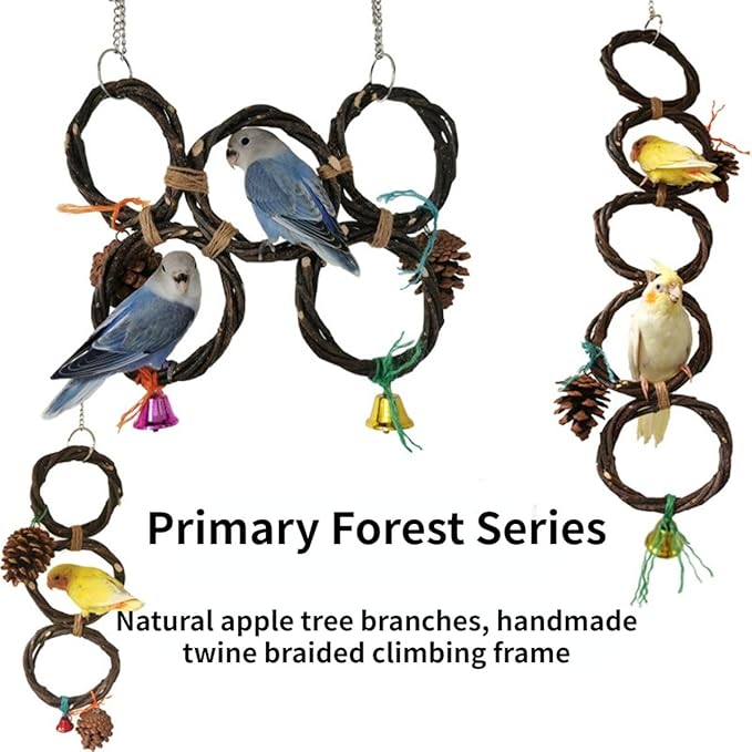 Circle Straw Bird Swing Stand Bird Perches Stand Hanging Chewing Toy for Parrots Bird Playground Cage Accessories Climbing Rope Net Ladders for Foraging Toys（Random Color） (5 Ring Single Row)