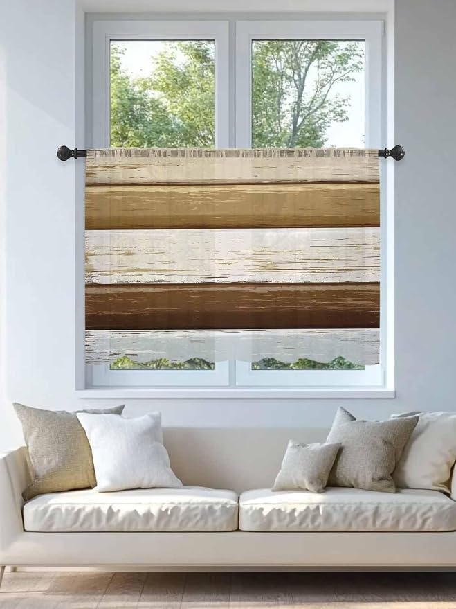 Sheer Curtains 45 Inch Length, Wood Grain Brown Semi Sheer Curtains Light