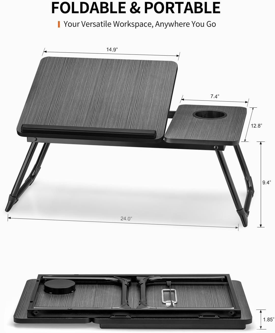 FISYOD Foldable Laptop Desk for Bed Couch, Adjustable Split Lap Desk with Cup Holder, Portable Lightweight Bed Table Tray, Heavy-Duty Laptop Stand for Working, Writing, Reading and Eating - Black