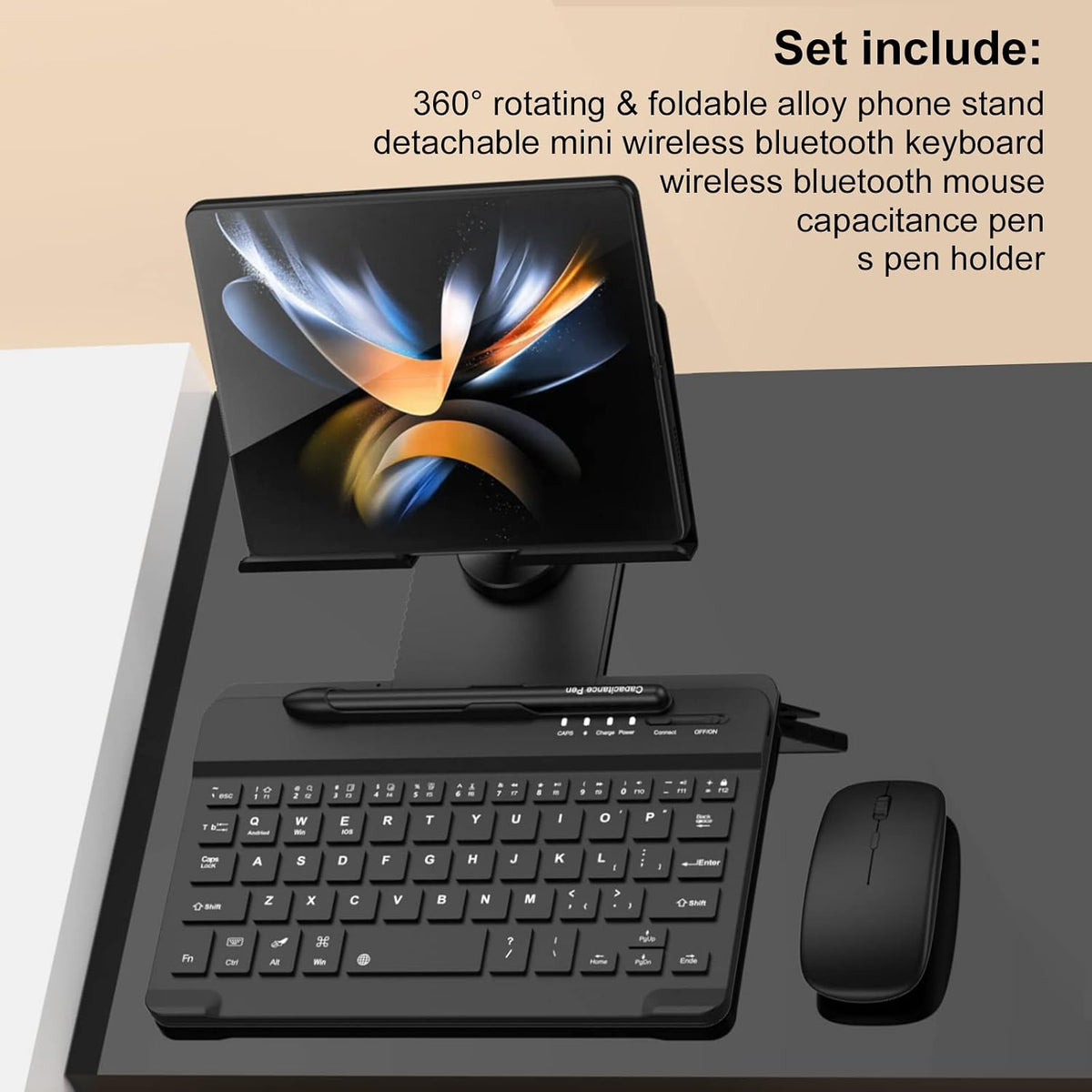 Desktop Stand & Bluetooth Keyboard Combo for Galaxy Z Fold 8/8ultra/7/6/5/4 & Z Trifold, 4-in-1 Includes Mouse Pen, Slot, Adjustable Foldable Tablet Stand, Fits 4.7"-13" Tablets Phone, Black