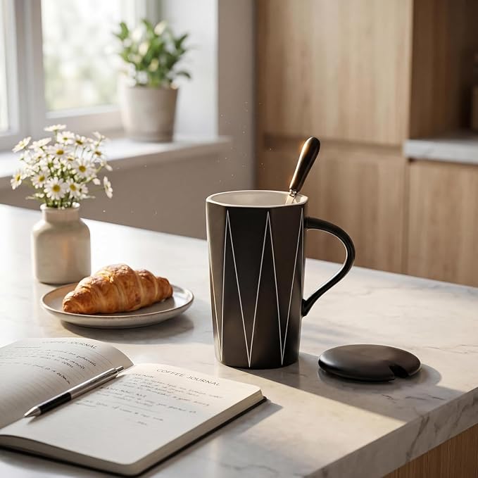 Ceramic Coffee Mug with Lid and Spoon, 13 oz Thick Heavy Coffee Cup