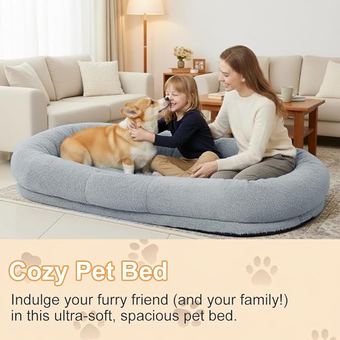 Human Dog Bed for Large Dog - Giant Dog Bed for Humans with High-Density Foam & Faux Fur Cover - Washable Bean Bag Bed Alternative for Napping, Gaming, and Pet Bonding