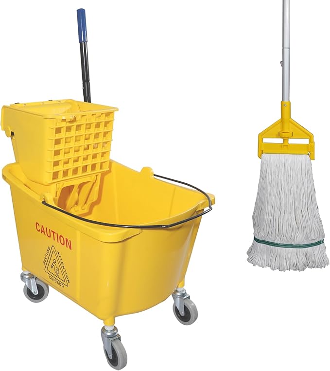 Commercial Mop Bucket with Side Press Wringer on Wheels, Including One Commercial Mop, 35 Quart, Yellow