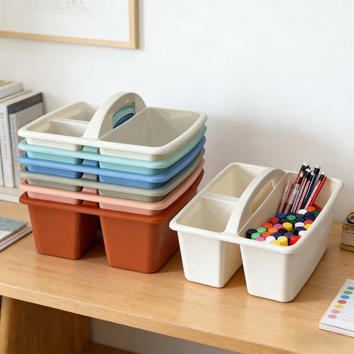Set of 6 Classroom Caddy, Small Plastic Storage Caddy with Handle, Boho