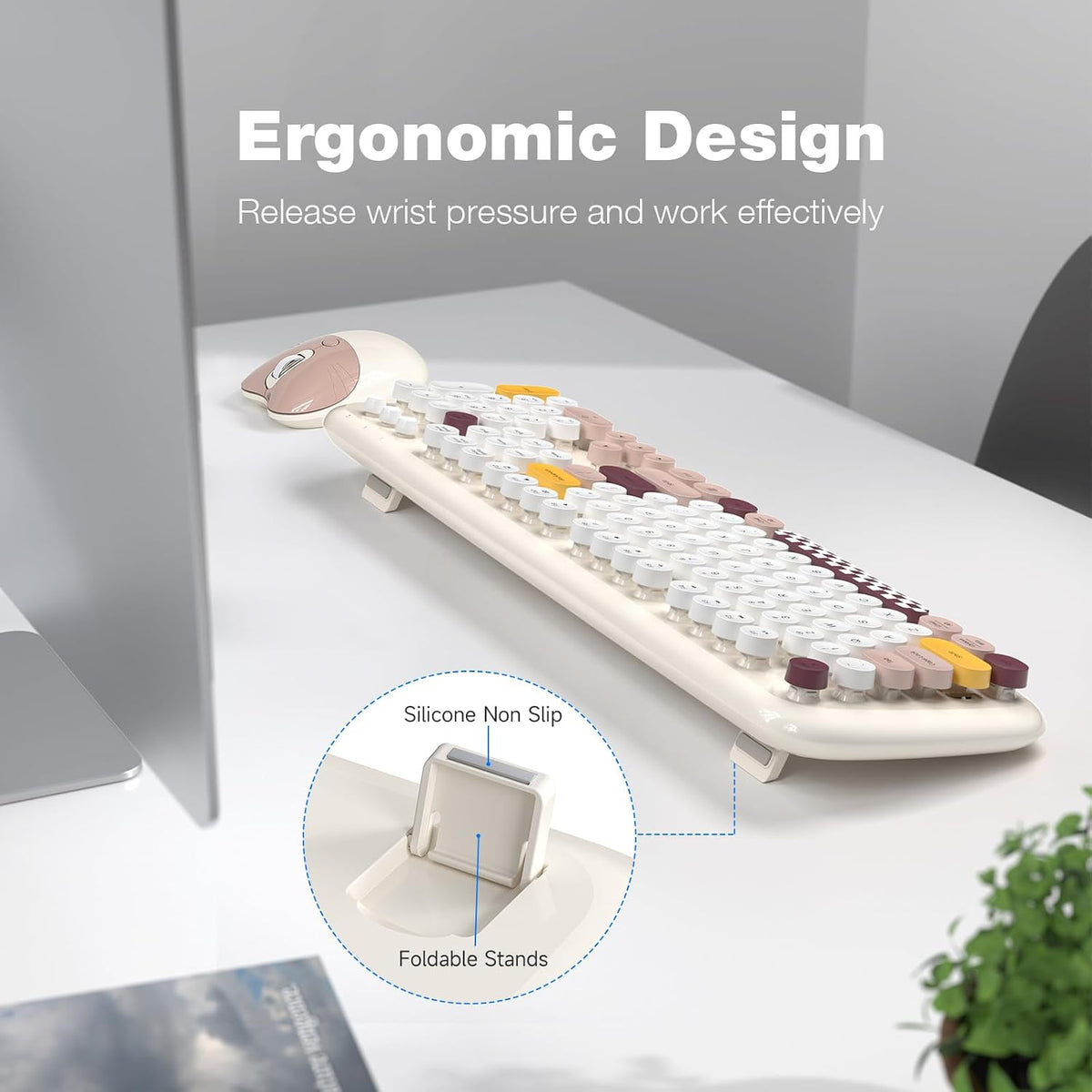 Wireless Keyboard and Mouse Combo for Windows, MOWUX 2.4G Full-Sized External Cordless Computer Keyboard, Compact Mouse, 8 Multimedia and Shortcut Keys, for PC, Laptop - Off White Colorful