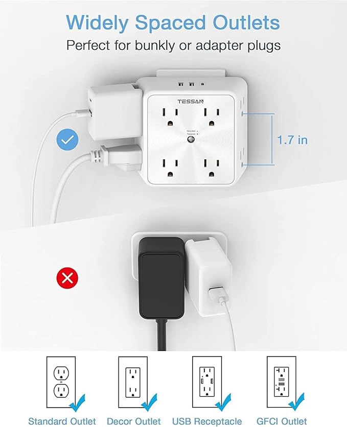 Surge Protector 8 Outlet Extender, TESSAN Multi Outlet Splitter with 3 USB Wall Charger (1 USB C), 3-Sided Multiple Plug Power Strip 1700J, Charging Station for Home Office Dorm Room Essentials
