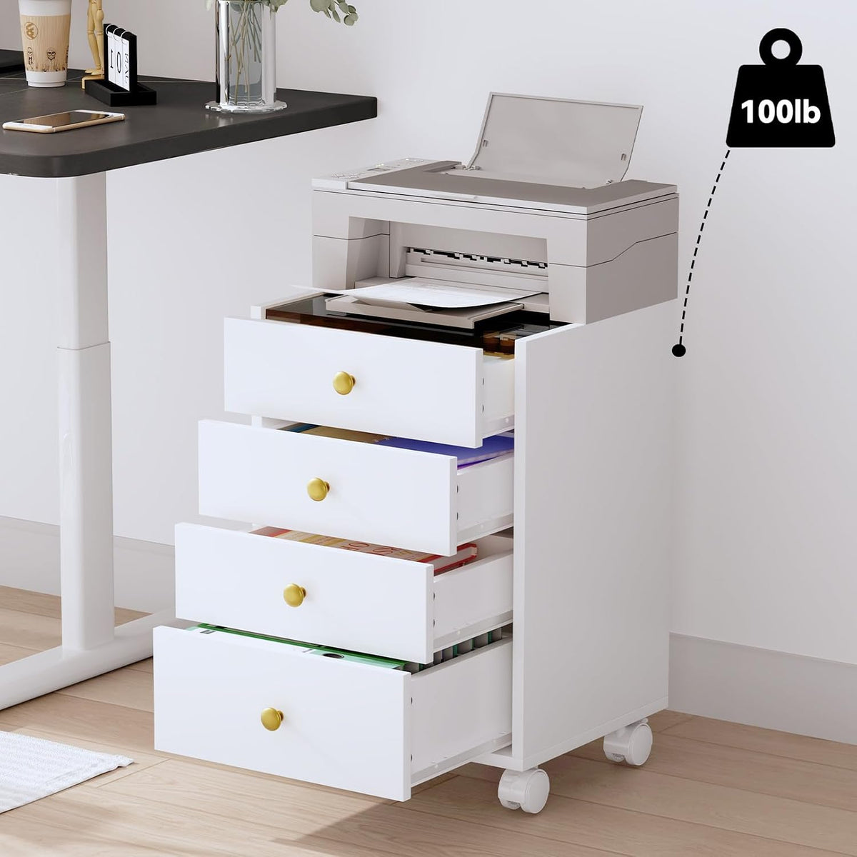 Under Desk Storage, 4 Drawer Small File Cabinet, Chest of Drawer with Glass Top, Mobile Printer Stand with Lockable Wheels for Home Office Study, White
