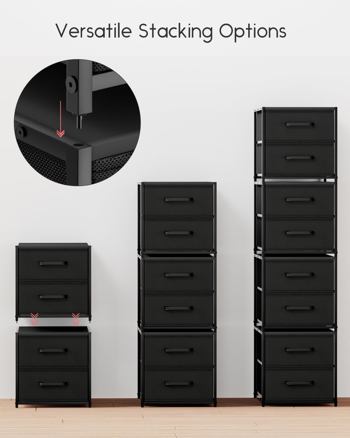Homsorout Stackable Storage Drawers - 2 Tier Closet Organizer with Metal Frame and Handles, Fabric Dresser with Collapsible Bins for Bedroom, Dorm, Office, Black, 1 Pack