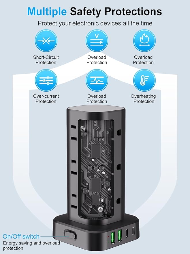 Power Strip Tower with Multiple Outlets, Flat Plug Surge Protector Tower Extension Cord with 12 AC Outlets 4 USB Ports (2 USB C), 6FT Cord Power Tower Surge Protector for Home Office Dorm Room, Black