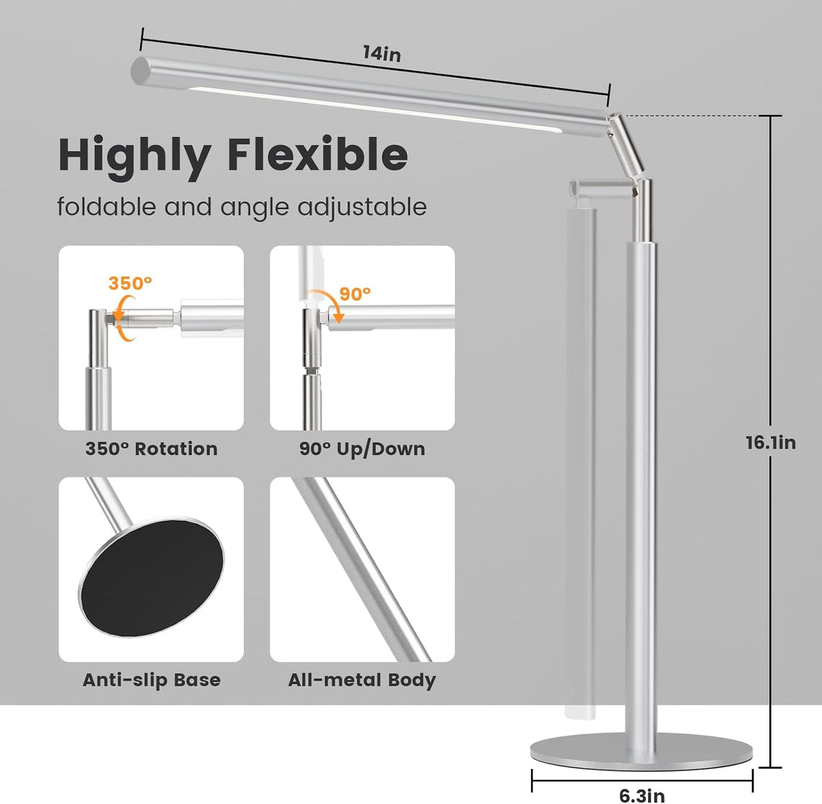 SIBRILLE Silver LED Desk Lamp, 16" Dimmable Metal Desk Light with Base, 15W 1200LM, Adapter Included, Color & Brightness Adjustable, Modern Tall Table Lamp for Home Office Reading Study Task Laptop