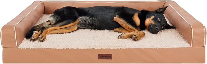 Furhaven Cooling Dog Sofa Bed – Memory Foam Couch with Bolsters, Textured Plush & Water-Resistant Cover, Washable Cover - Camel, Jumbo Plus