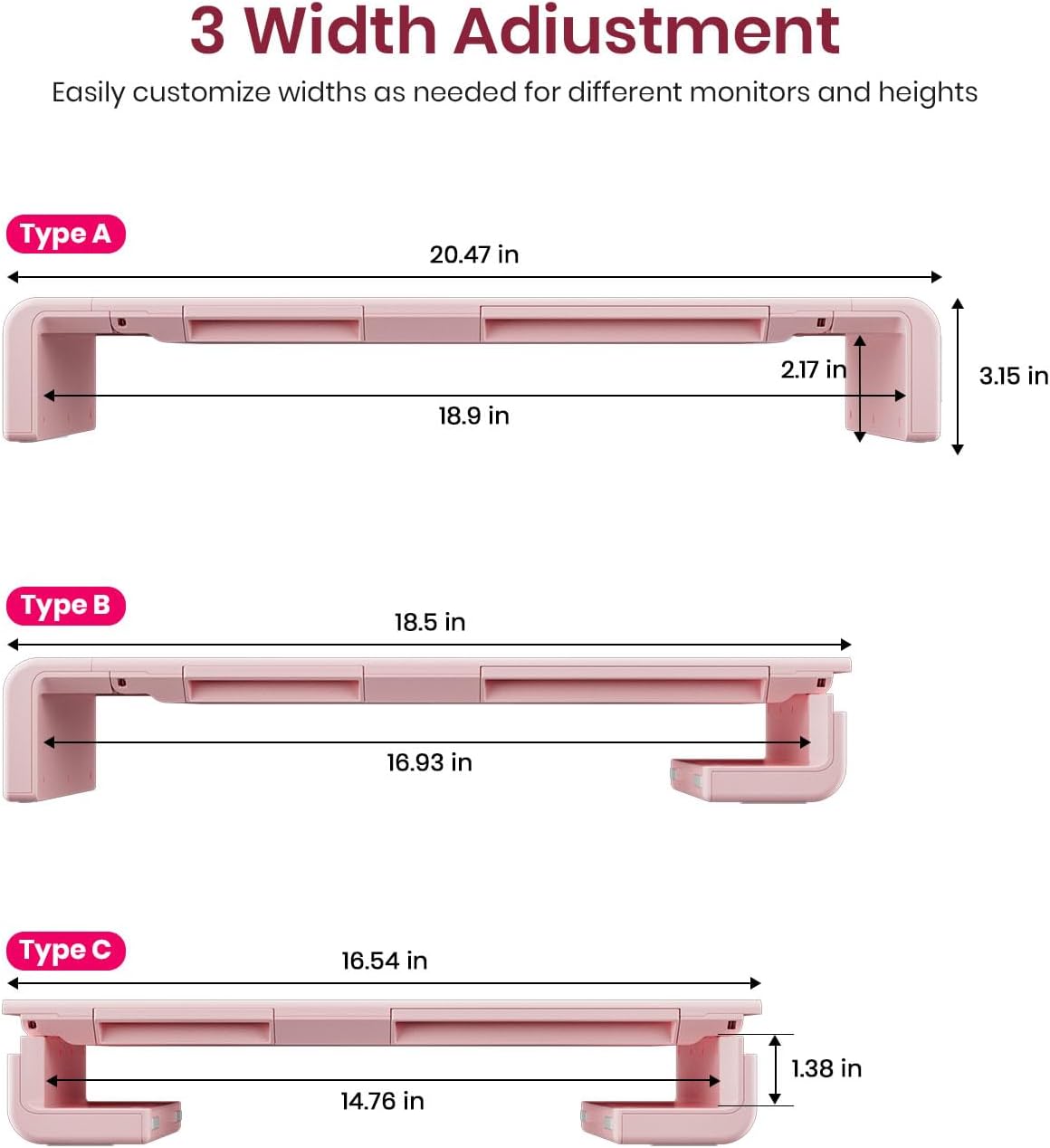 Pink Monitor Stand Riser, Klearlook Foldable, Height Adjustable Computer Stand, Desk Shelf Riser with Storage Drawer &Tablet Phone Stand for Desktop, Laptop
