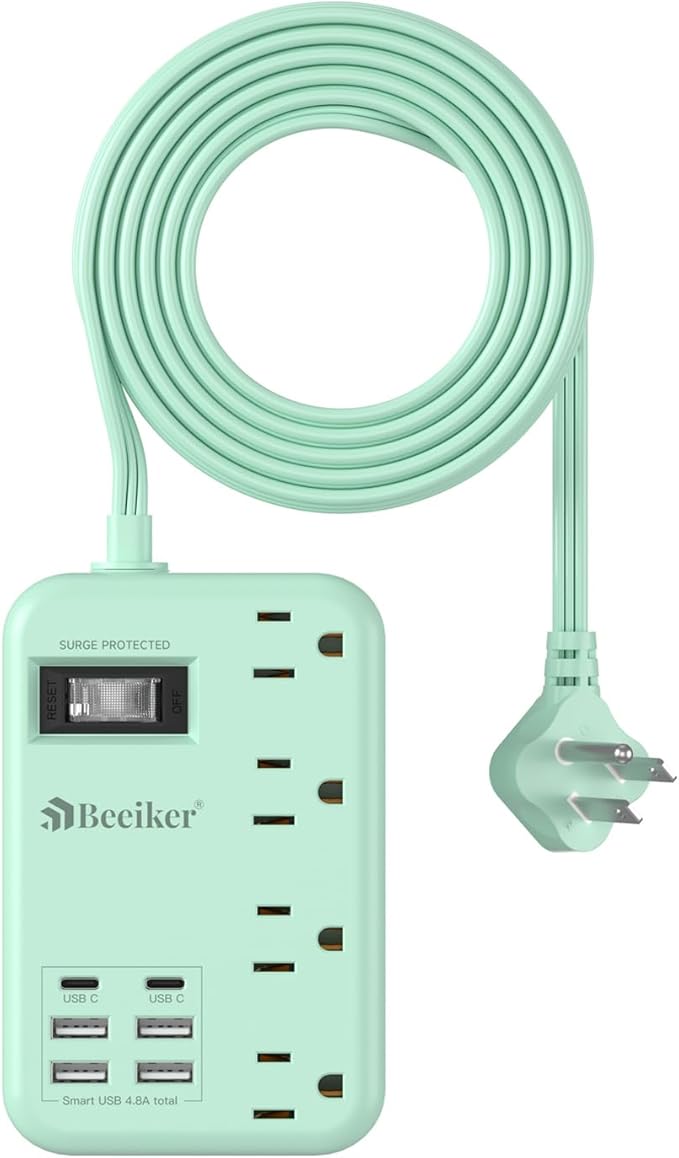 6 USB Green Travel Power Strip- 5Ft Green Extension Cord with 4.8A 2 USB C Charging Station and 4 Outlets, Cute Desk Accessories with Switch for Kawaii Pink Home Office College Dorm Room 24W