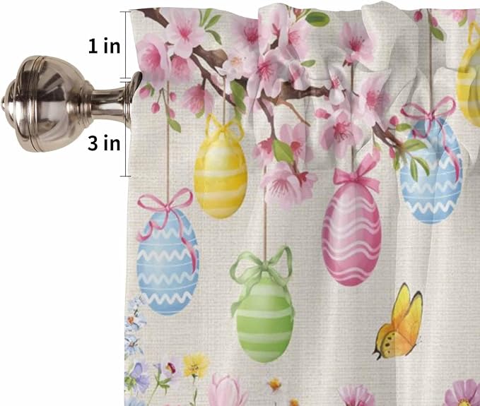 Happy Easter Half Window Curtains 24 Inches Long, Spring Farmhouse Bunny Eggs