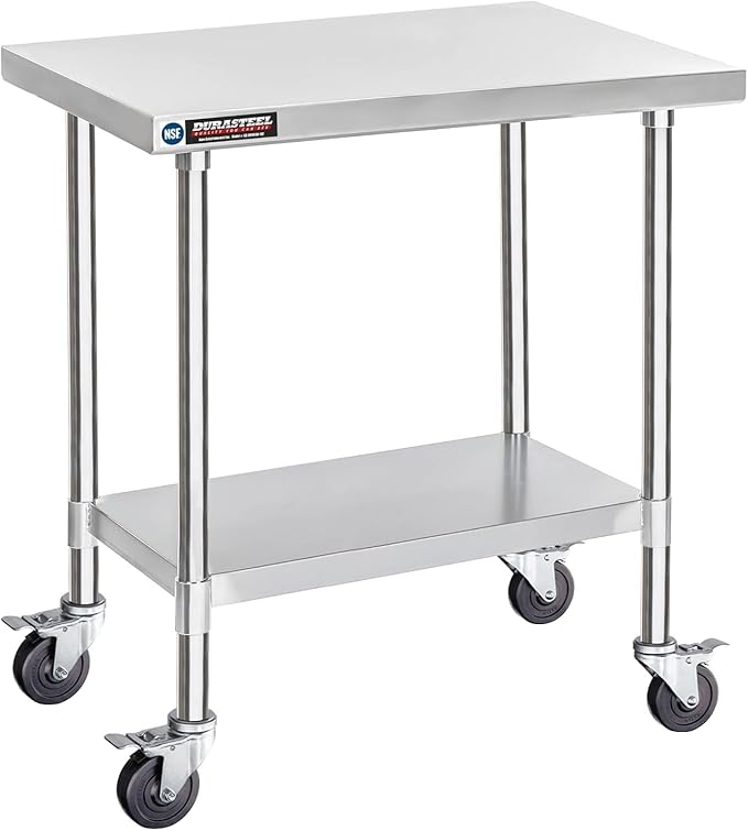 DuraSteel 30x36 NSF Stainless Steel Cart Work Table - Heavy Duty Rolling Food Prep Table Countertop Island - Metal Utility Cart on Wheels Caster, Grill Stand Storage Outdoor Kitchen Tables Bar Top