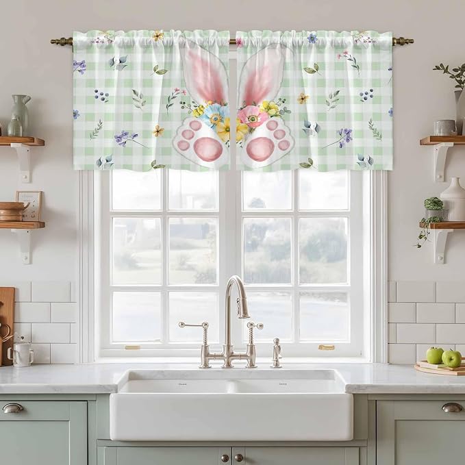 Easter Kitchen Tier Curtains 36 Inch Long 2 Panel Set, Rod Pocket Half Window