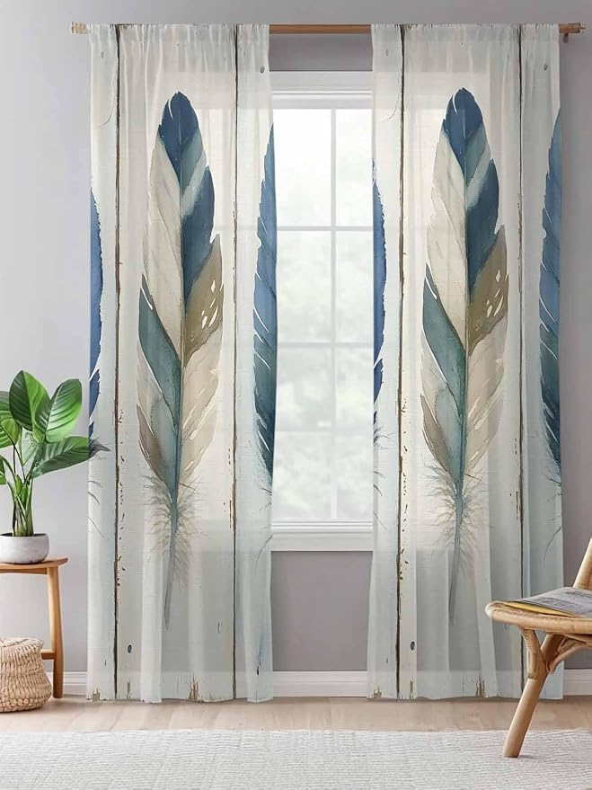 Sheer Curtains 96 Inches Long, Boho Blue Feathers Semi Sheer Curtains Light