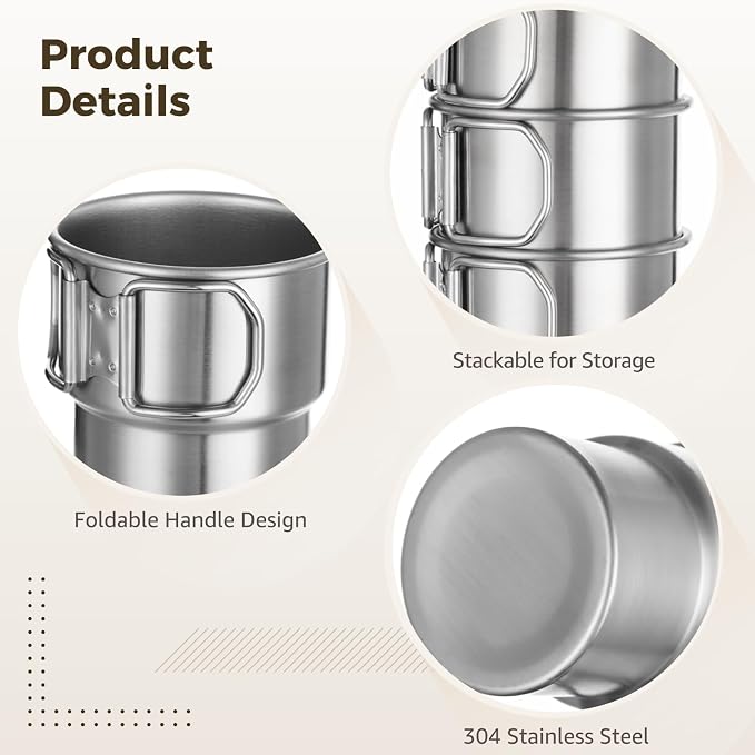 Joyibay 4 Pcs Stainless Steel Camping Cups, 10 oz Stackable Mugs w/Handle | 304