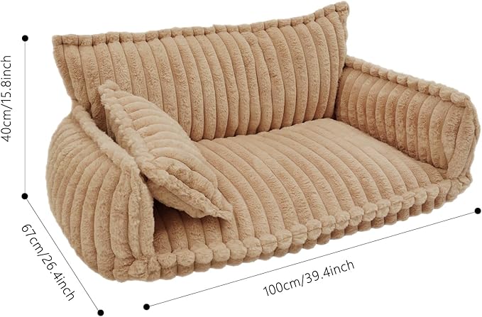 Pet Couch Bed for Dog and Cat, Plush Calming Couch for Pets with Removable Washable Cover, Modern Sofa Style Pet Bed for Home Living Room (Camel Color)