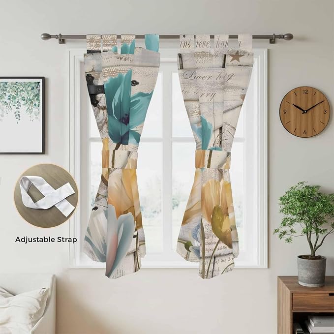 Watercolor Flowers Bathroom Curtains 63 Inch Length, Window Curtains Tab Top